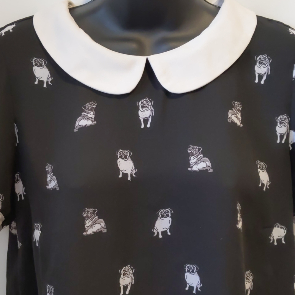 twik Black Blouse with White Peter Pan Collar and White Pug Print